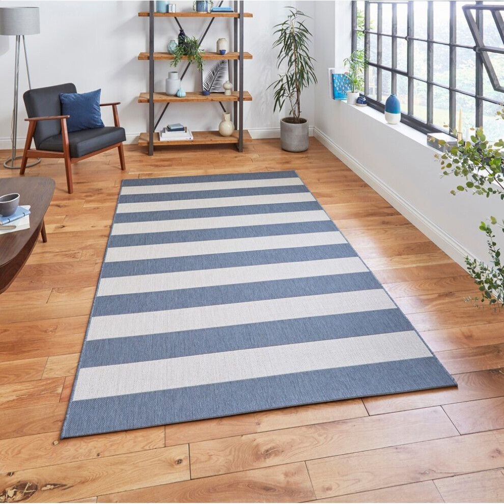Think Rugs (120X170cm) Santa Monica 48644 Indoor Outdoor Stripe Rug In Blue Light Beige Blue,Cream