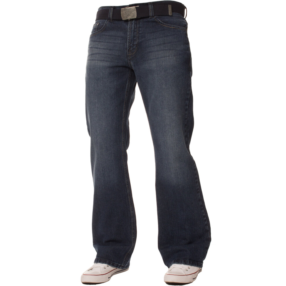 Ze Enzo (Dark Wash, 30W / 32L) Mens Bootcut Loose Fit Wide Flare Leg Denim Jeans Blue