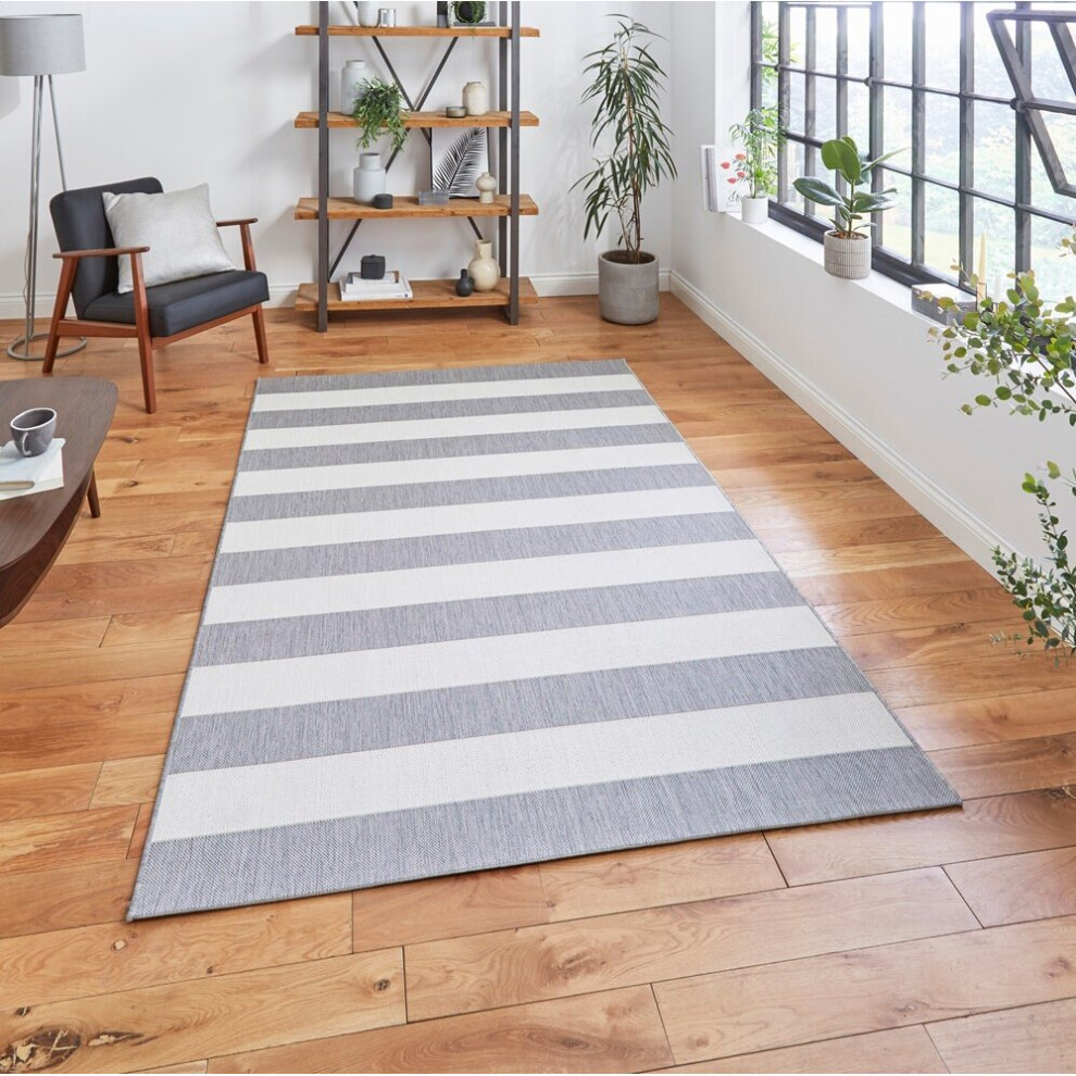 (120x170cm) Santa Monica 48644 Indoor Outdoor Stripe Rug in Grey Light Beige