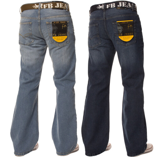 Ze Enzo Mens Bootcut Loose Fit Wide Flare Leg Denim Jeans