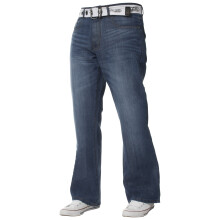 (Blue, 30W / 32L) Mens Bootcut Jeans Flared Wide Leg Belted Denim Pants