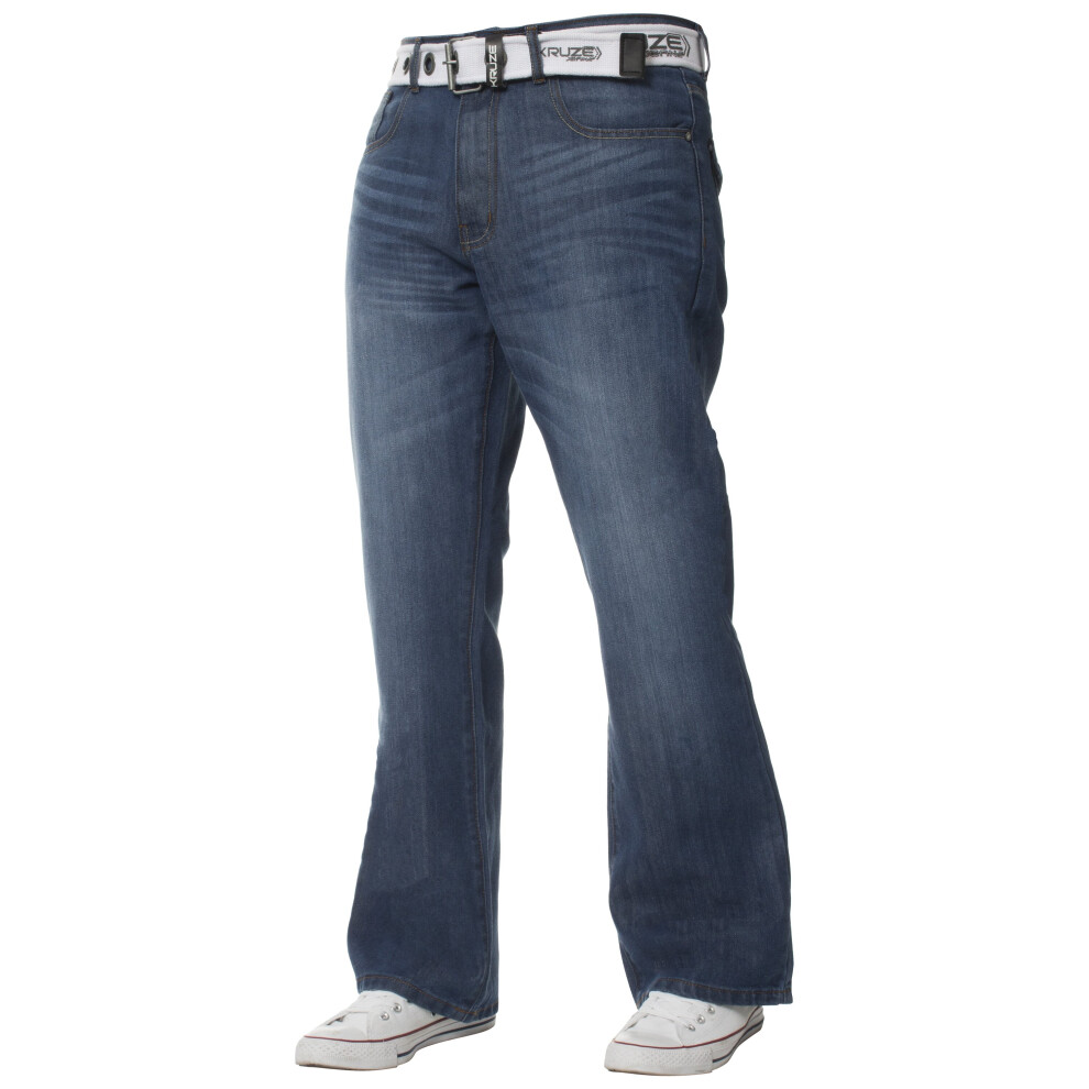 (Blue, 40W / 32L) Mens Bootcut Jeans Flared Wide Leg Belted Denim Pants