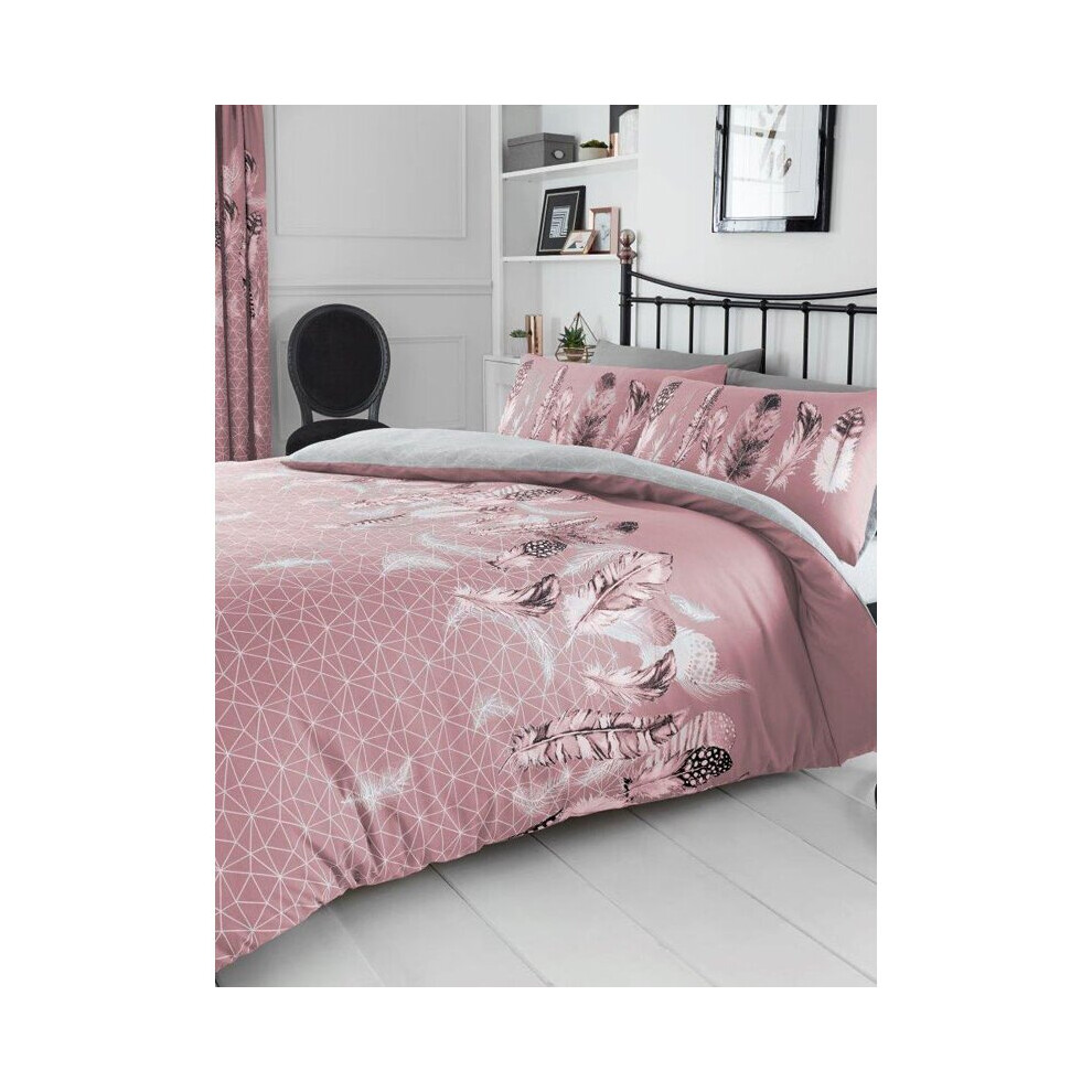 (Double, Pink) Geometric Feathers Duvet Cover and Pillowcase Set