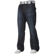 (Dark Blue, 30W / 32L) Mens Bootcut Jeans Flared Wide Leg Belted Denim Pants