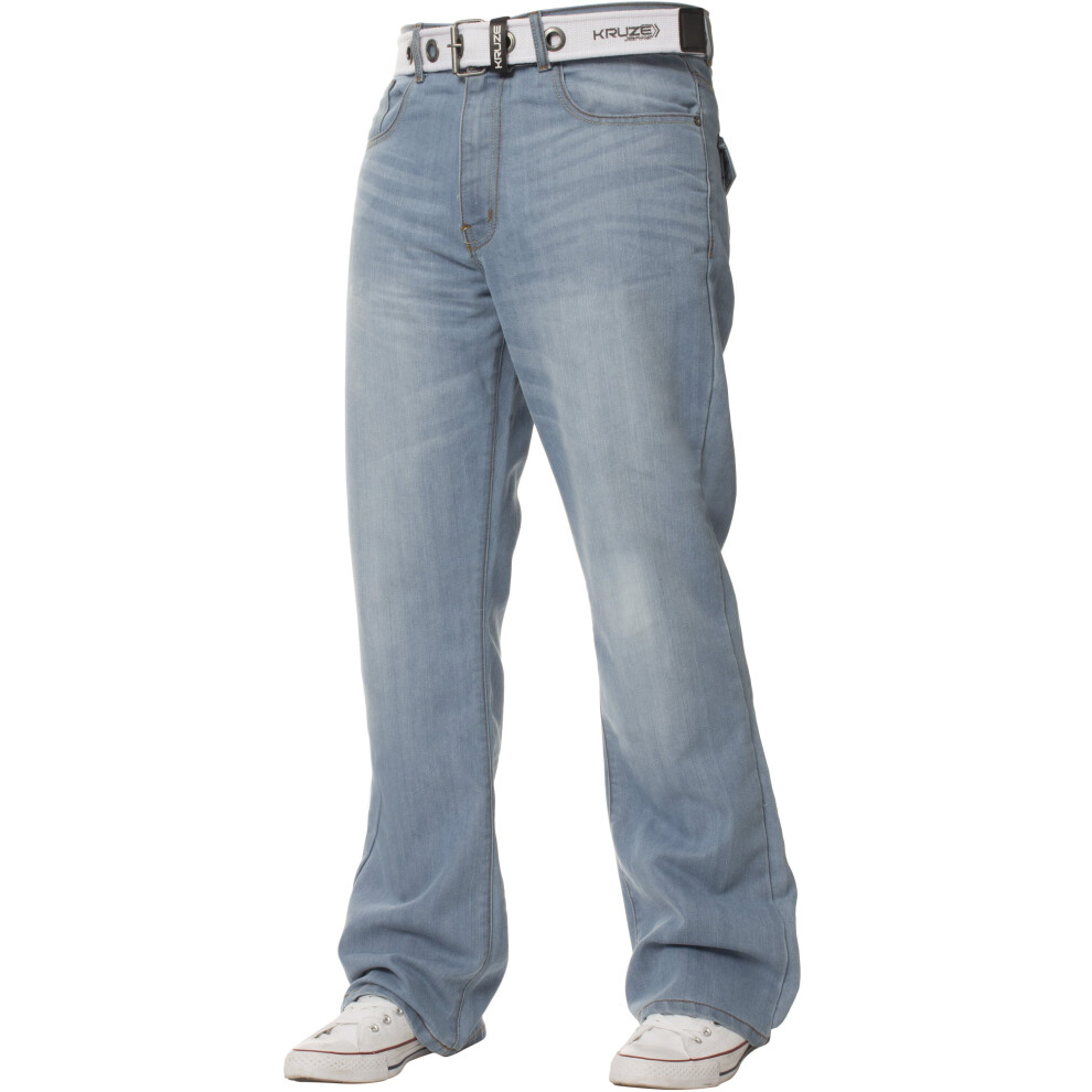 Kruze (Light Blue, 30W / 30L) Mens Bootcut Jeans Flared Wide Leg Belted Denim Pants