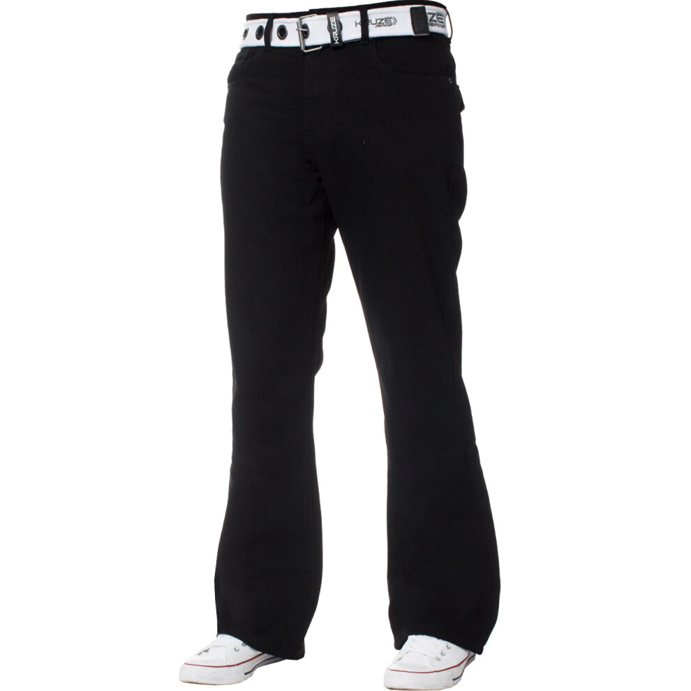 Kruze (Black, 34W / 30L) Mens Bootcut Jeans Flared Wide Leg Belted Denim Pants