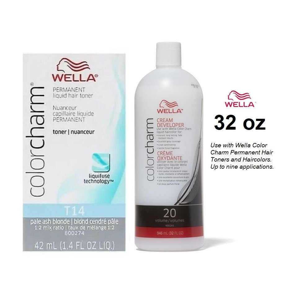 Photos - Hair Dye Wella Hair Colour & 20 Volume Developer 32oz (BIG) (T14 Pale Ash Blonde + 20 Vol. 32oz)