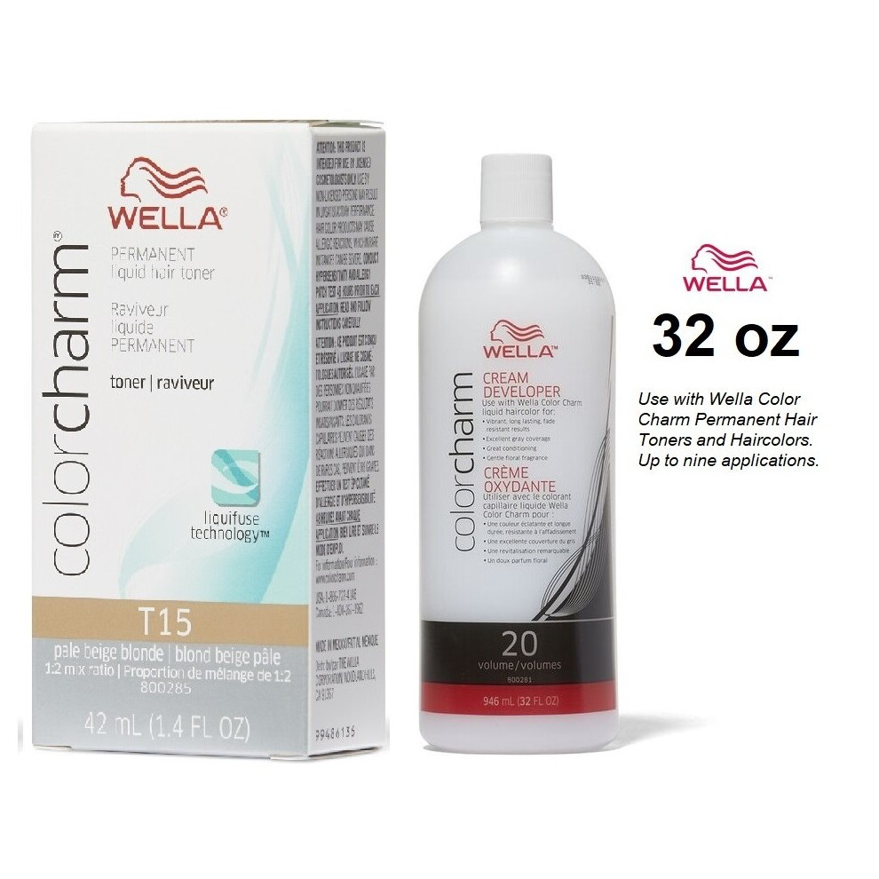 (T15 Pale Beige Blonde + 20 Vol. 32oz) Wella Hair Colour & 20 Volume Developer 32oz (BIG)