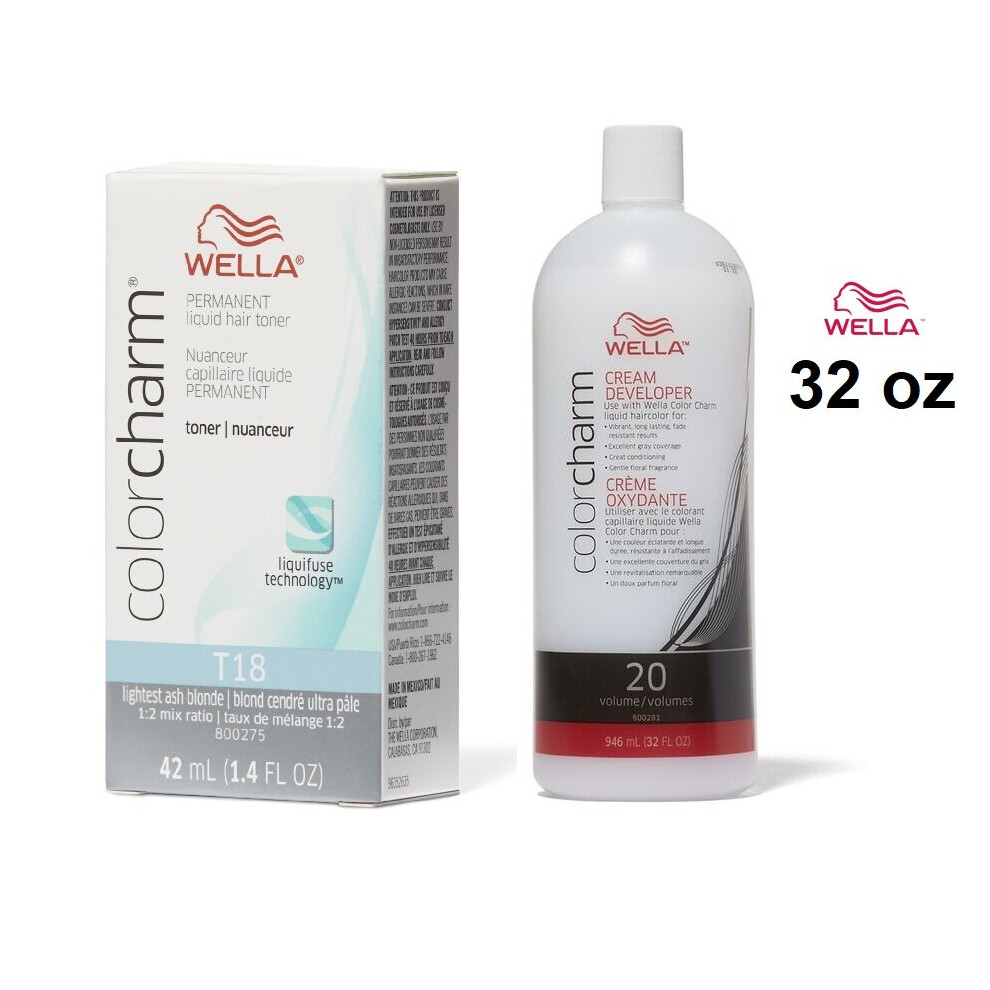 (T18 Lightest Ash Blonde + 20 Vol. 32oz) Wella Hair Colour & 20 Volume Developer 32oz (BIG)