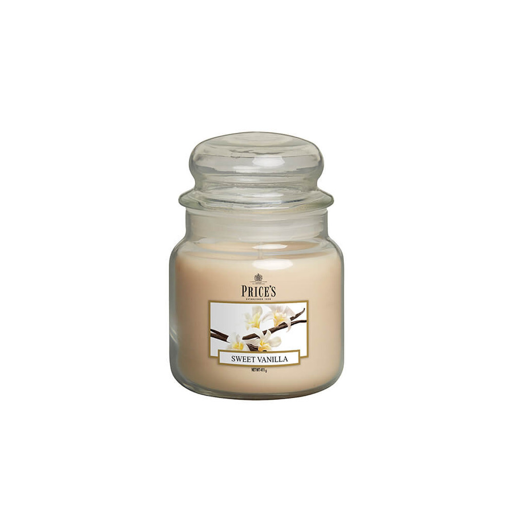 Price's Candles Sweet Vanilla candle in MEDIUM GLASS JAR with glass lid