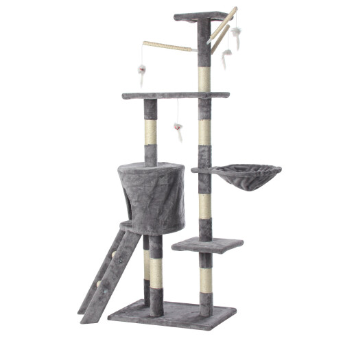 (Grey) Cat Tree With Scratching Post, Hanging Toys & Ladder 2