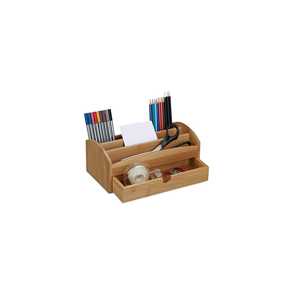 Relaxdays Bamboo Desk Organizer, Multipurpose Storage with 4 Compartments and 1 Drawer, Wood Grain, Size: ca 11 x 27.5 x 15 cm, Natural Brown, 15 x 2-image-OPC-P69CVGQ-NEW