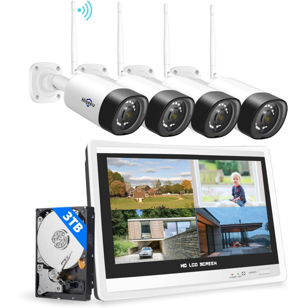 Wireless Security Camera System 12"Monitor Wireless WiFi Security CCTV System 8CH NVR Night Vision Remote Access 2-Way Audio 3.0MP 3TB HDD