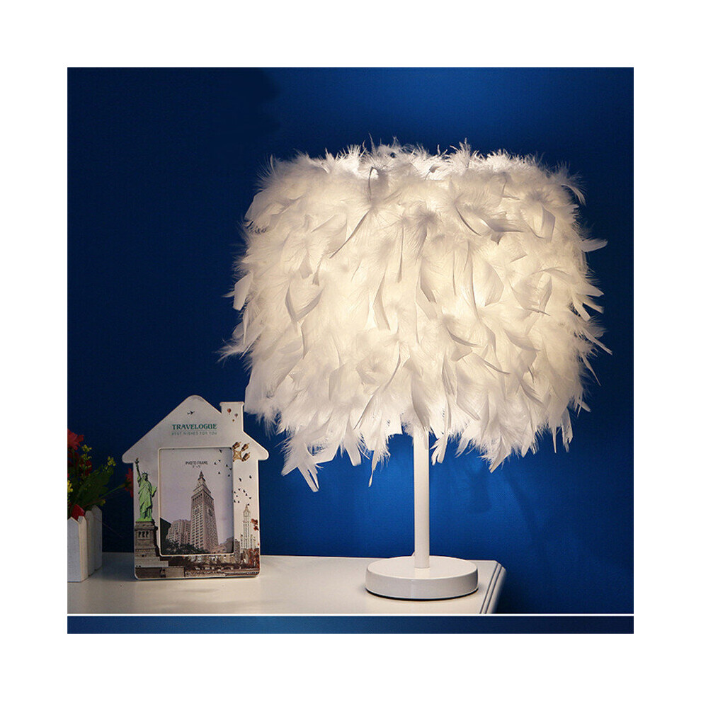 (White ) Feather Table Lamp Elegant Bedside Desk Night Light White Lampshade Table Light