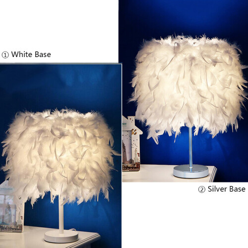 (White ) Feather Table Lamp Elegant Bedside Desk Night Light White Lampshade Table Light 2