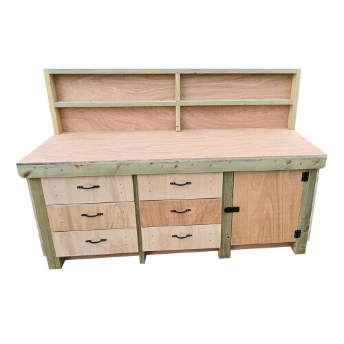 (7ft, With Back Panel) Wooden Workbench Eucalyptus Top Tool Cabinet with Lockable Cupboard Work Table 2
