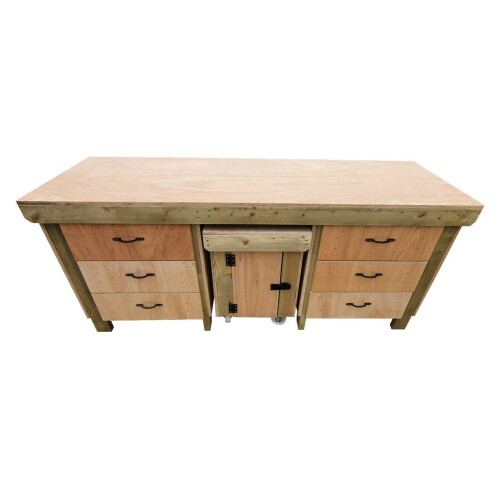 (8ft, Without Back Panel) Wooden Workbench With Drawers and Functional Lockable Cupboard - Eucalyptus Top