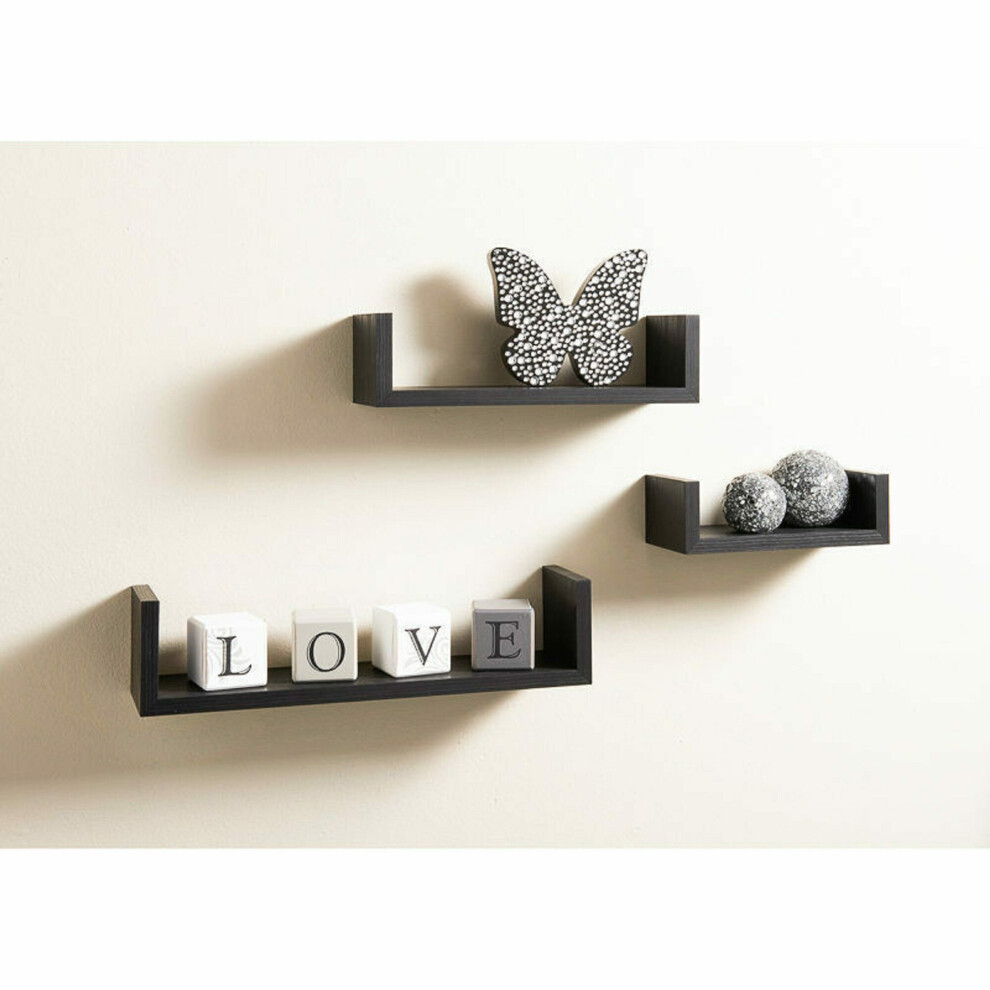 Set of 3 U Shape Floating Shelves Display Home DÃ©cor Black G-0002