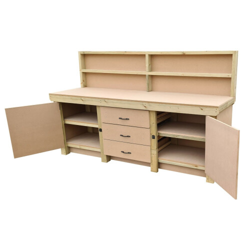 (7ft, Without Back Panel) Wooden Workbench Double Shelf With Drawers and Double Lockable Cupboard Heavy-Duty MDF Top 1