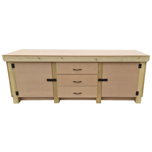 (8ft, With Back Panel) Wooden MDF Top Workbench With Drawers and Double Lockable Cupboard