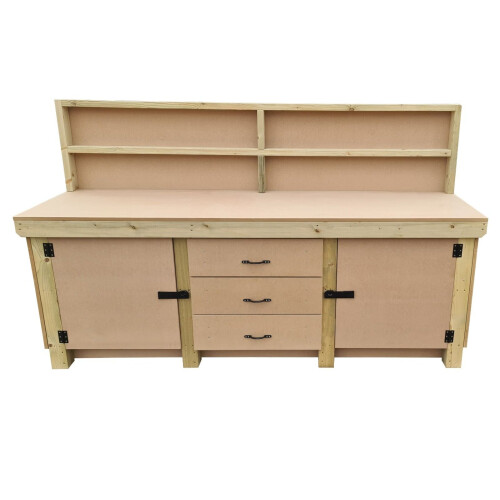 (7ft, Without Back Panel) Wooden Workbench Double Shelf With Drawers and Double Lockable Cupboard Heavy-Duty MDF Top