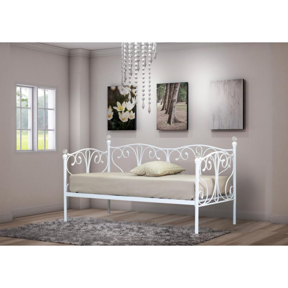 (2ft6 small single, White) Iris Metal Day Bed with Crystal Finials with Lucy Mattress