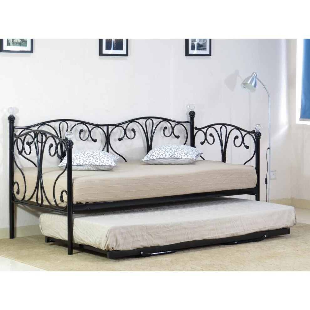 (2ft6 small single, Black) Iris Metal Day Bed with Crystal Finials with Lucy Mattress