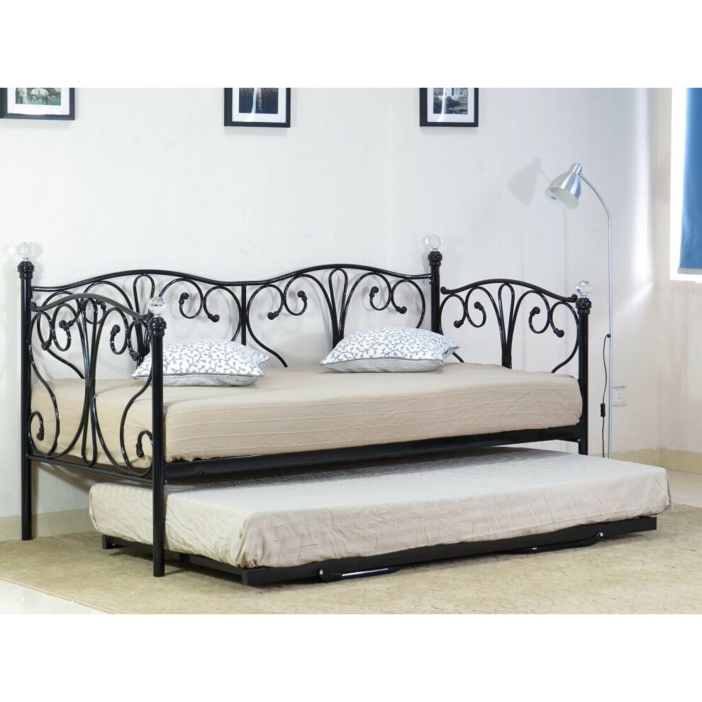 (2ft6 small single, Black) Geovana  Metal Day Bed with Crystal Finials with Trundle Option with Tanya Mattress