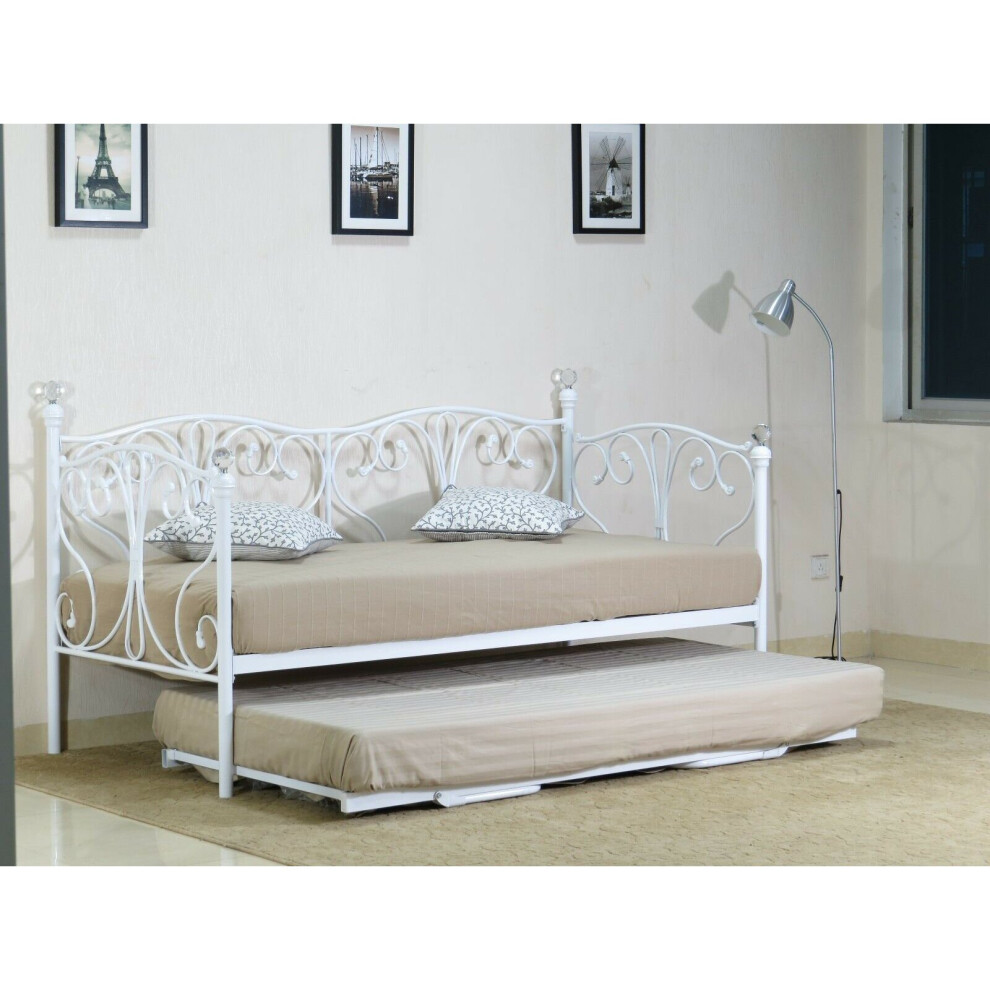 (2ft6 small single, White) Geovana  Metal Day Bed with Crystal Finials with Trundle Option with Tanya Mattress