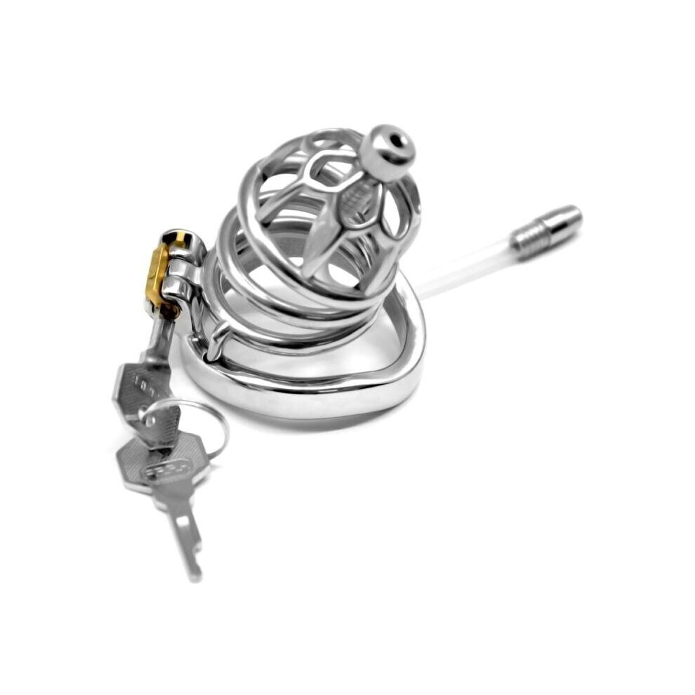 Metal Chastity Cage with Lock and Urethral Tube