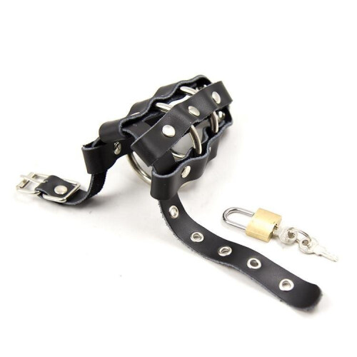 Leather and Ring Chastity Cage with Lock