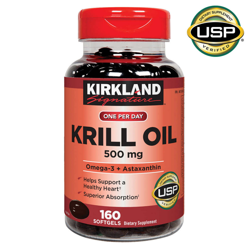 Kirkland Signature One Per Day Krill Oil, 500 mg, Omega-3 + Astaxanthin, 160 Softgels