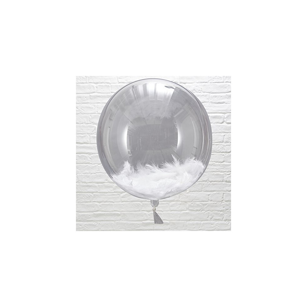 Ginger Ray Clear Round Balloons with White Feathers-3 pack Beautiful Botanics