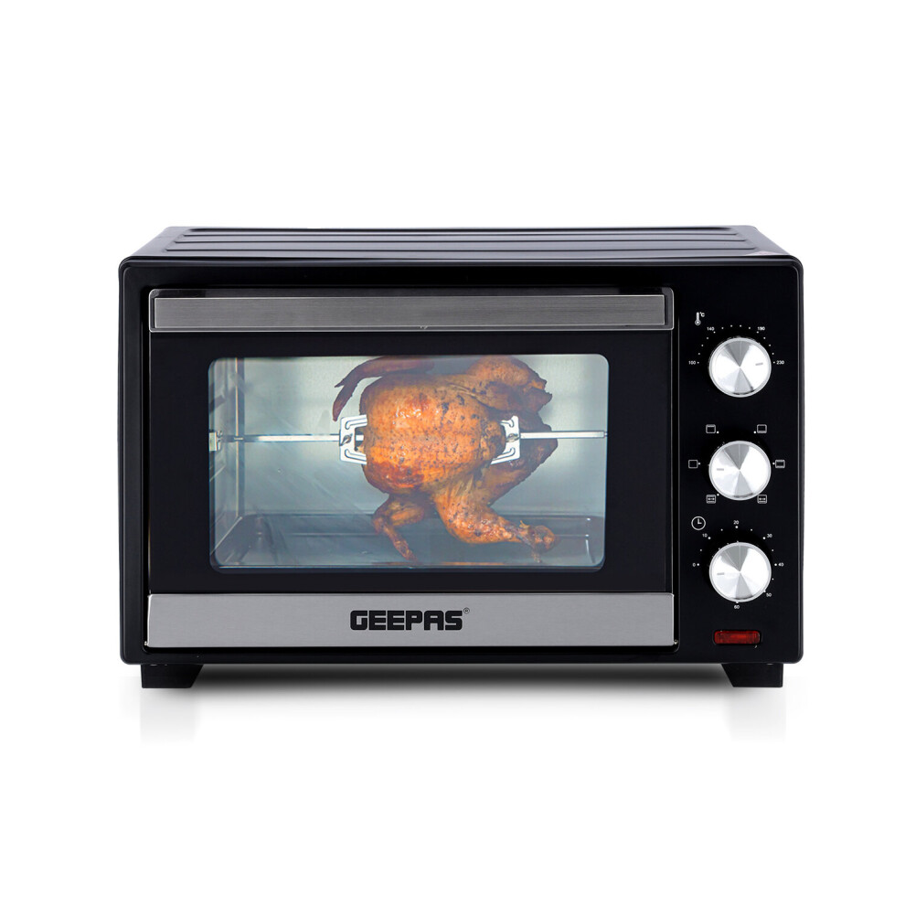 Geepas Mini Oven & Grill | Electric Oven With Rotisserie Baking Roasting Grilling | 1600W Temp Control Double Glass Door 60Min Timer 30L