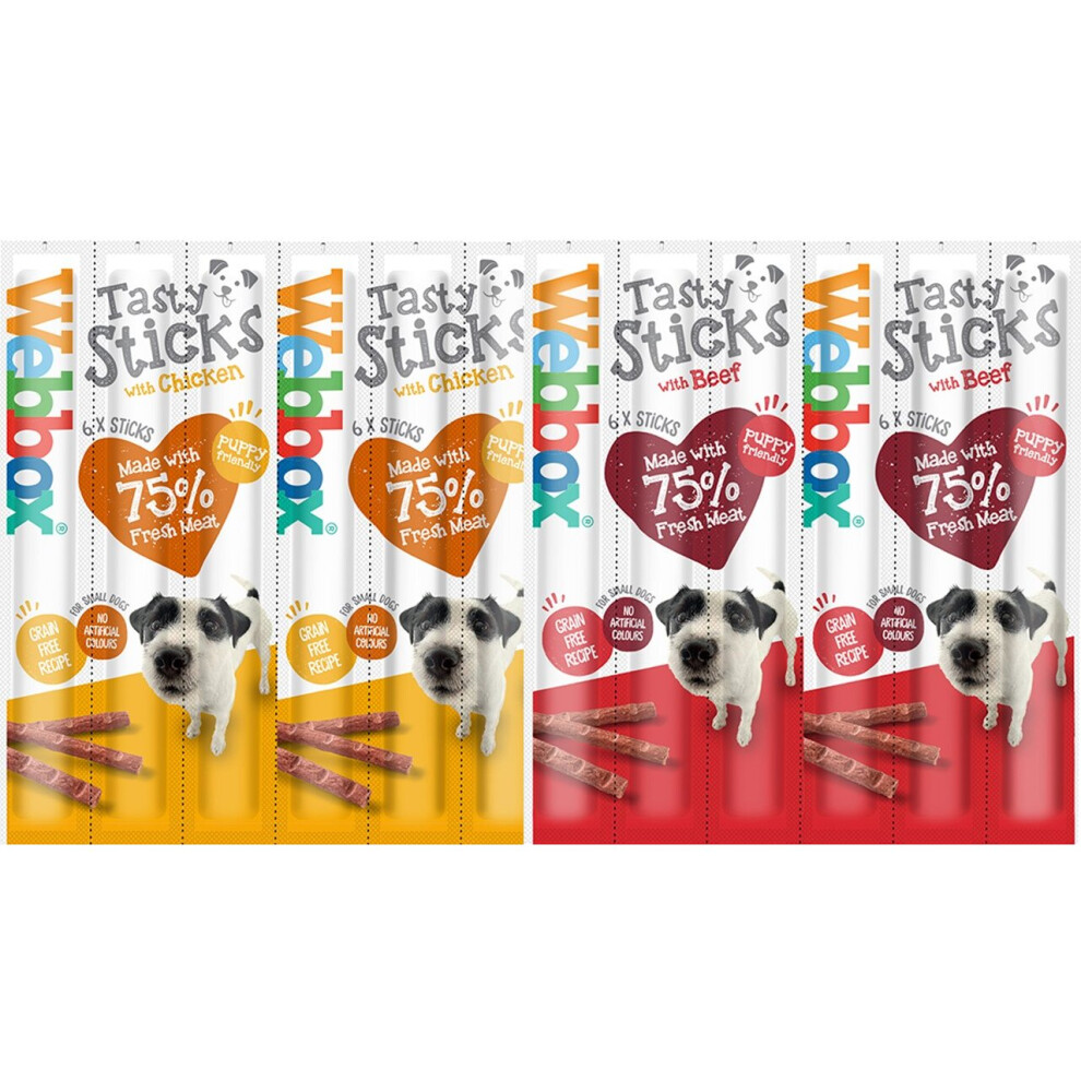 Webbox Dog Delight Variety Pack of 12 (6 x Beef 6 x Chicken) 72 sticks