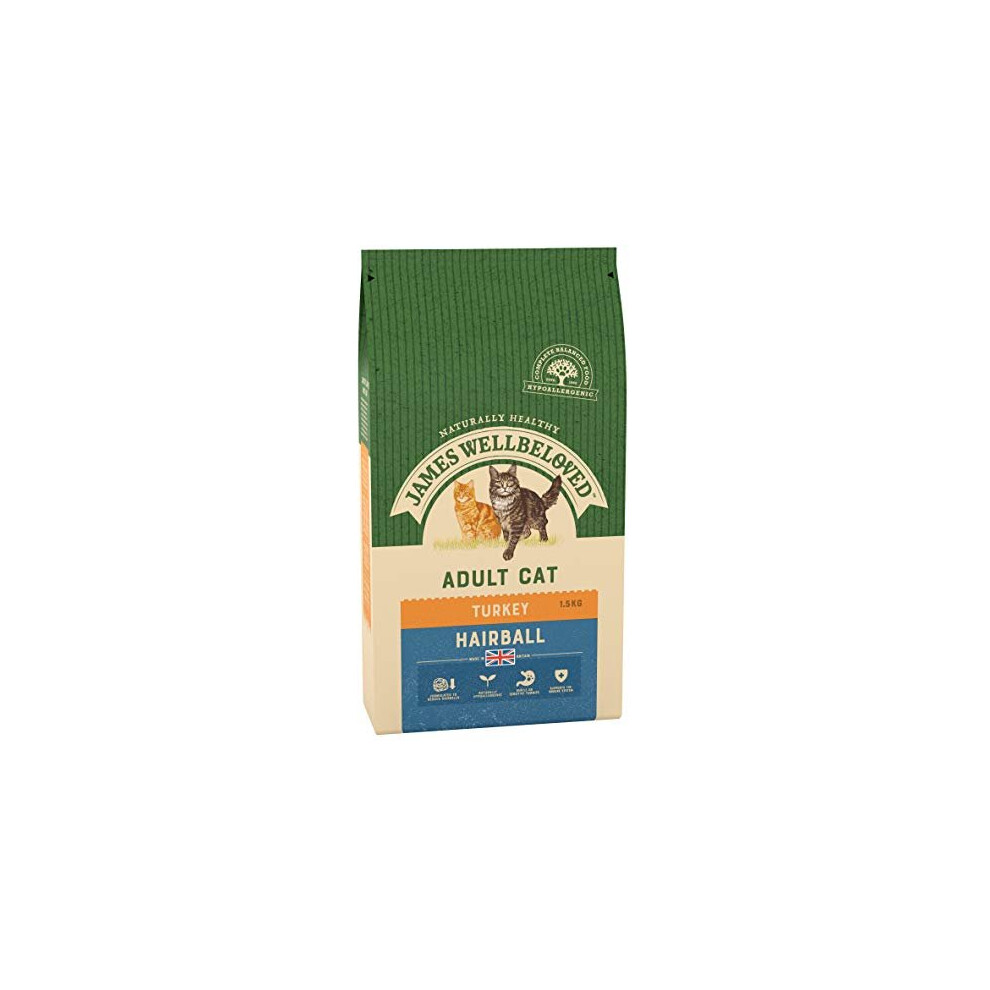 James Wellbeloved Complete Dry Adult Hairball Control Cat Food Turkey and Rice, 1.5 kg