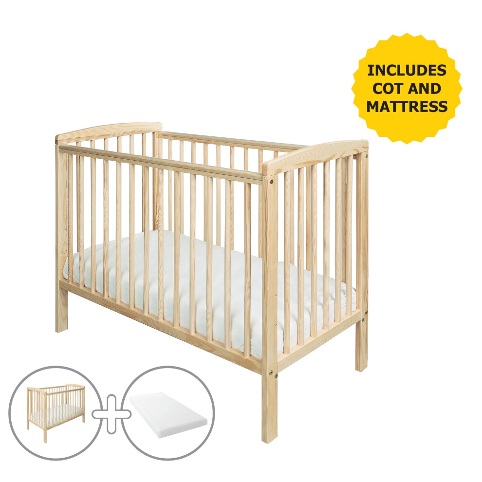 Sydney Natural Compact Baby Cot With Kinder Flow Mattress | Solid Pine Wood