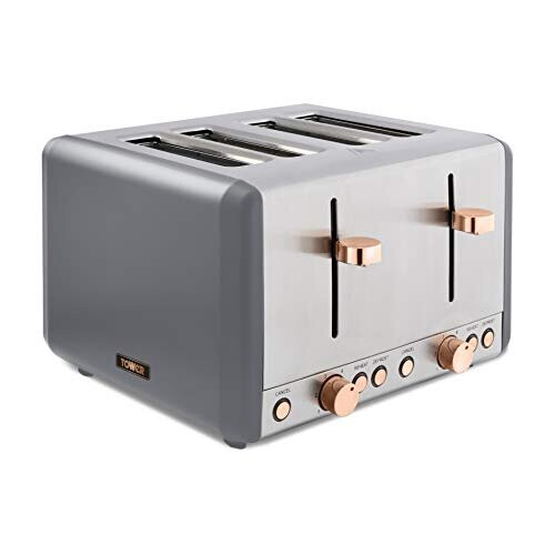Tower T20051RGG Cavaletto 4 Slice Toaster, 7 Browning Settings and Removable Crumb Tray, Stainless Steel, 1800W, Grey and Rose Gold