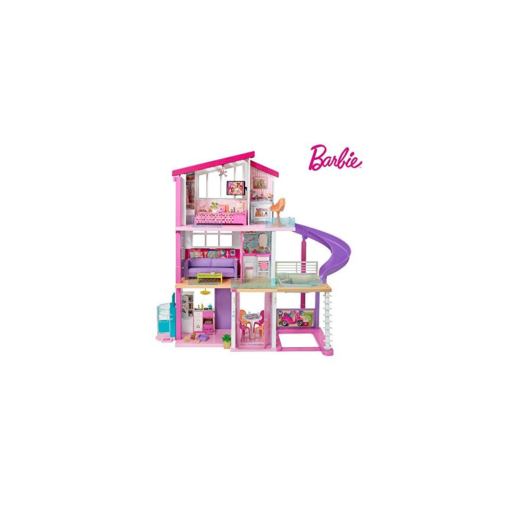 Barbie Estate Dreamhouse Adventures Large Three-Story Dolls House, Pink with Transforming Accessories Included Playset, 2019 Dreamhouse