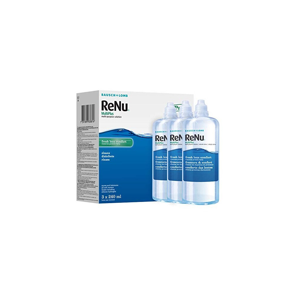 ReNu MultiPlus Multi-Purpose Contact Lens Solution, 3 x 240ml | For Soft Contact Lenses | Moisturise, Remove Protein, Clean, Disinfect, Lubricate, Ri