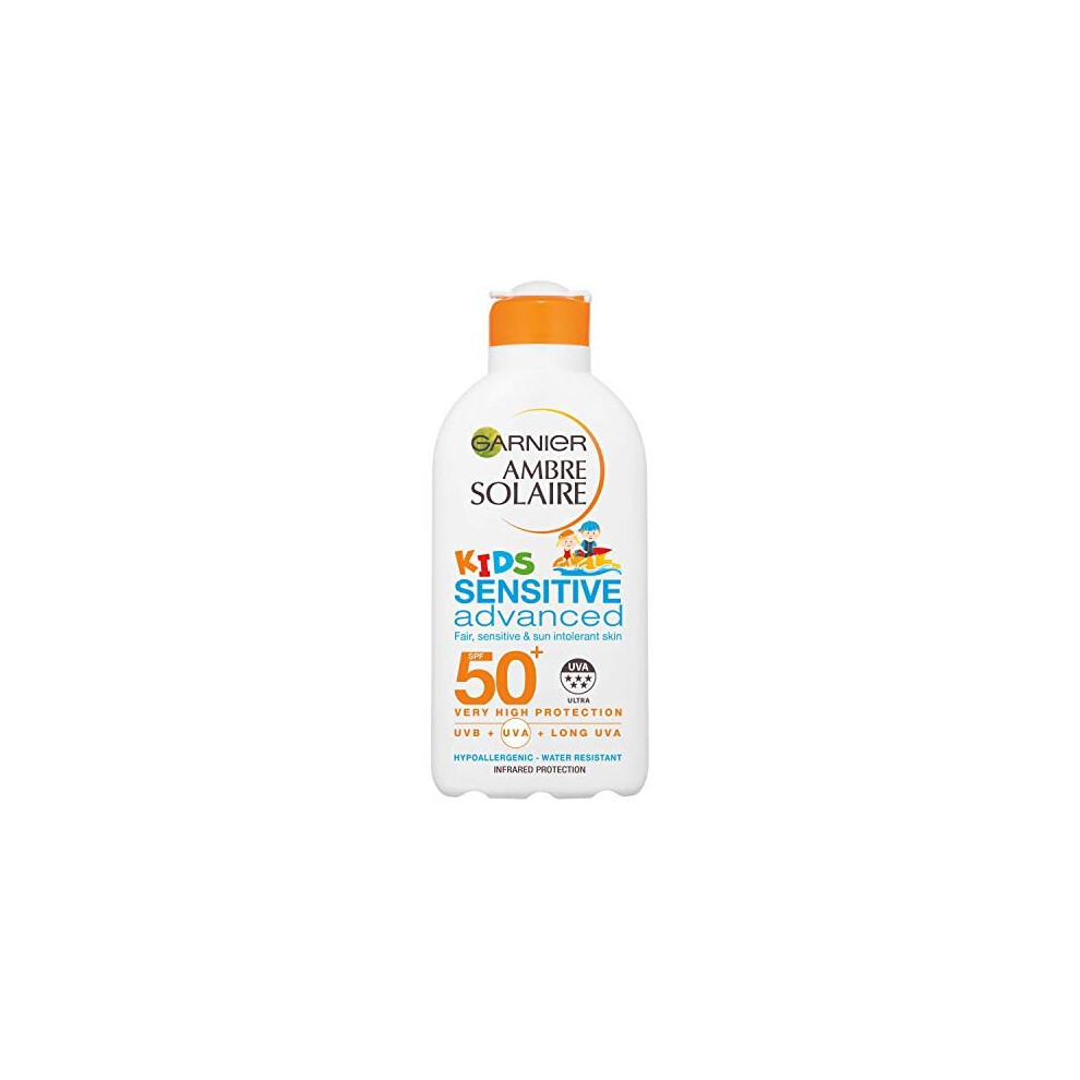 Garnier Ambre Solaire Kids Sensitive Sand Resistant Sun Cream SPF50+, High Sun Protection Kids Suncream Lotion SPF50+ 200 ml