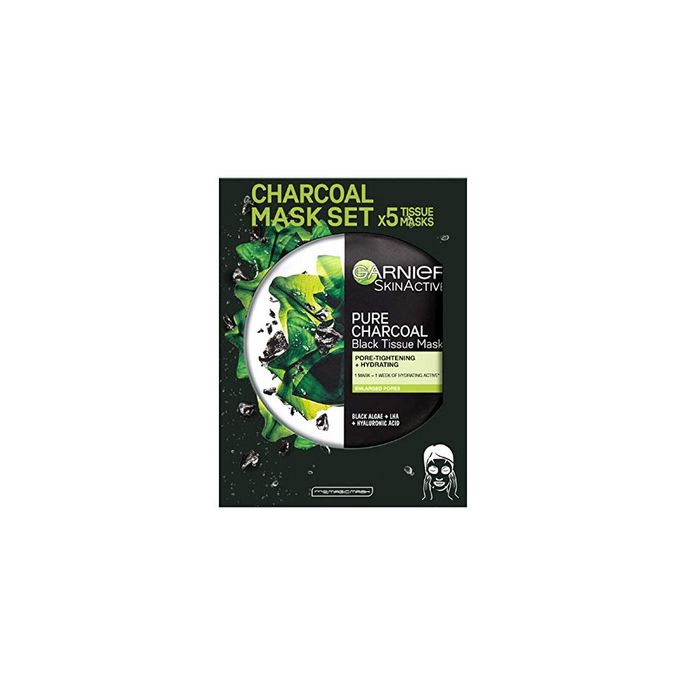 Garnier Charcoal and Algae Purifying Tissue Mask, Hydrating Tissue Face Sheet Mask for Enlarged Pores Pack of 5