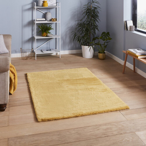 Think Rugs (80x150cm) Teddy Shaggy Rugs in Yellow Soft Plain Polyester Mats