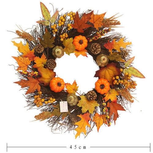 (Harvest Gold Fruit) 45CM Halloween Decor Fall Door Pumpkin Wreath MapleLeaf Garland Home Prop Autumn
