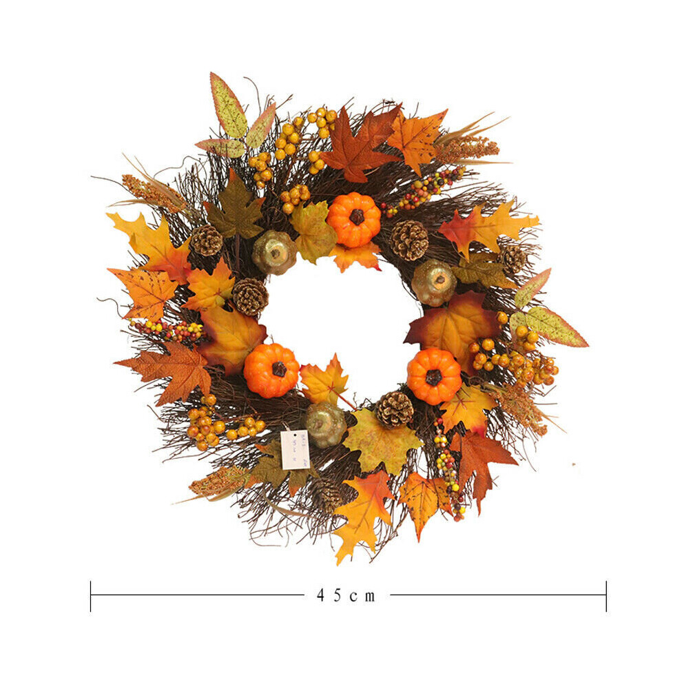 (Harvest Gold Fruit) 45CM Halloween Decor Fall Door Pumpkin Wreath MapleLeaf Garland Home Prop Autumn