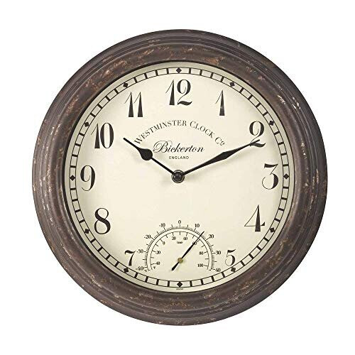 Bickerton Wall Clock and Thermometer, Classic Outdoor/Indoor Design with Large 12 Inch Face. Suitable for Garden, Kitchen, Bathroom and More