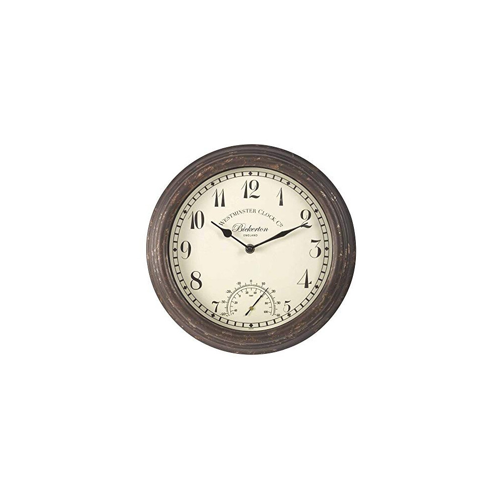 Bickerton Wall Clock and Thermometer, Classic Outdoor/Indoor Design with Large 12 Inch Face. Suitable for Garden, Kitchen, Bathroom and More