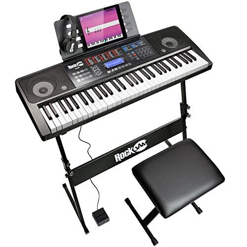 RockJam RJ761-SK 61 Keyboard Piano Kit 61 Key Digital Piano Keyboard Bench Keyboard Stand Headphones Sustain Pedal and Simply Piano Application
