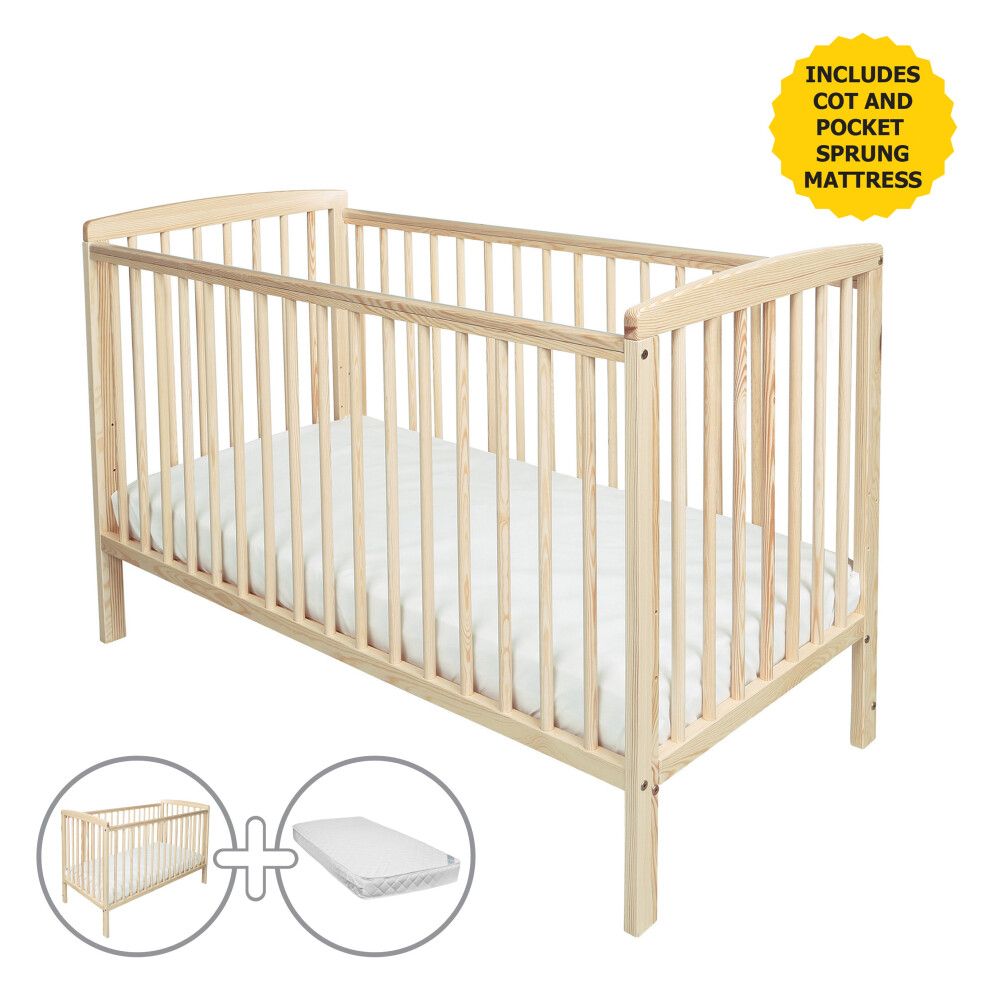 Sydney Natural Cot with Pocket Sprung Mattress | Solid Pine Wood