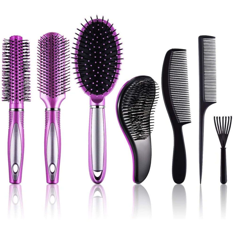 SIQUK 7 Pcs Hair Brush Set Paddle Brush Round Brush Detangle Hair Brush and Combs Wet Dry Brush for Women Men Hair Styling